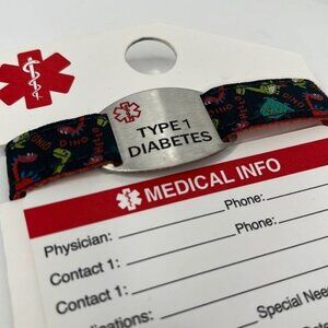 Medical ID Bracelet Type 1 Diabetes Dinosaur Multi Color Bracelet w/Medical Card